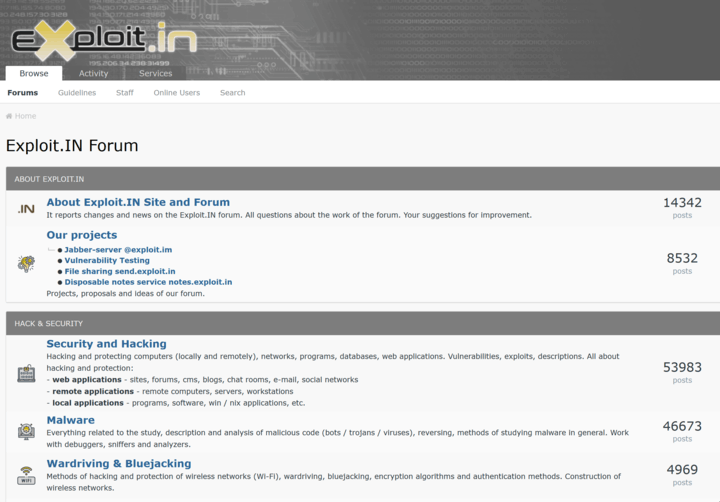 Home page of the Exploit.in cybercrime forum