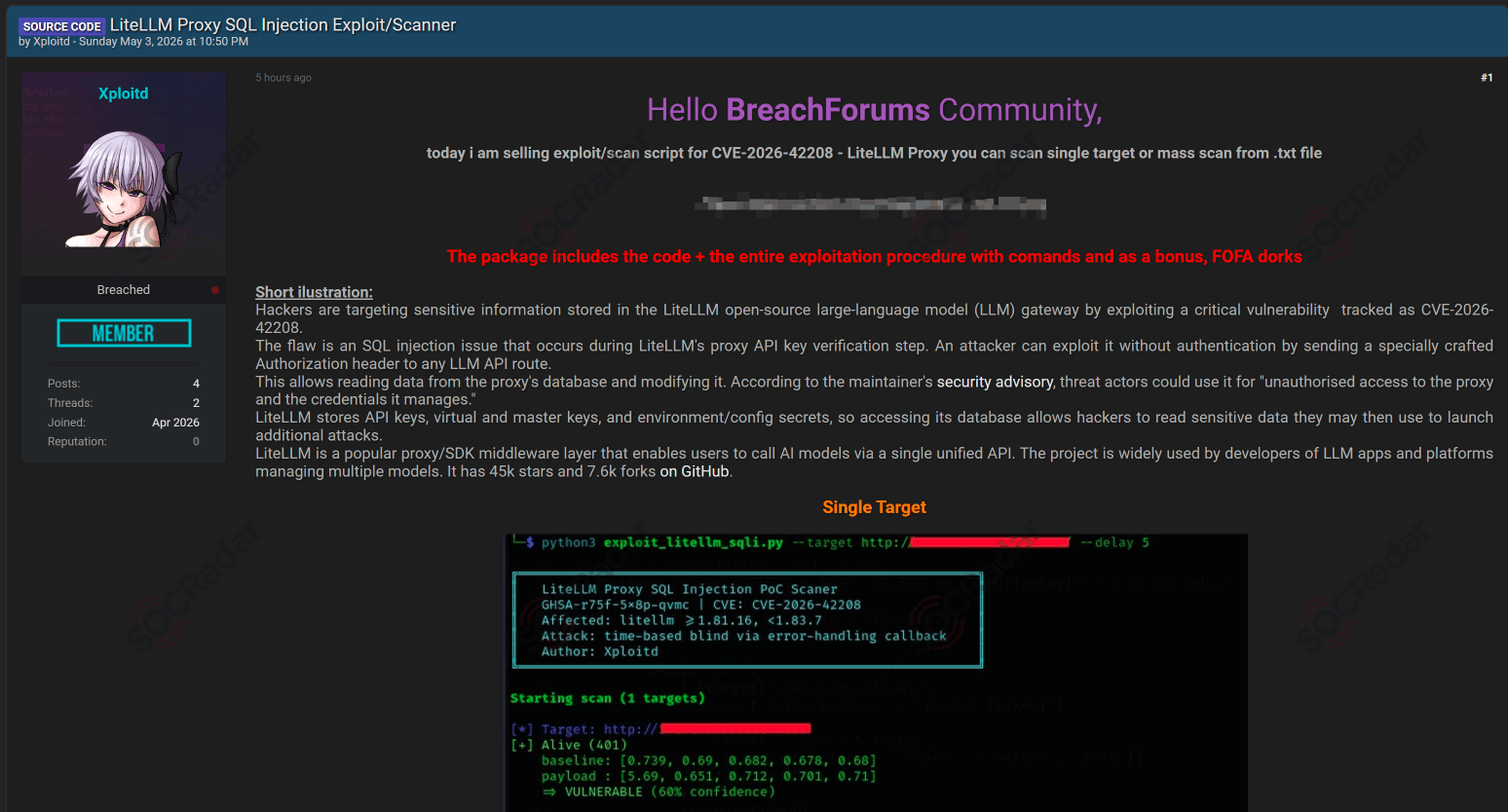 The Alleged LiteLLM Proxy Exploit Scanner Sale is Detected for CVE-2026-42208