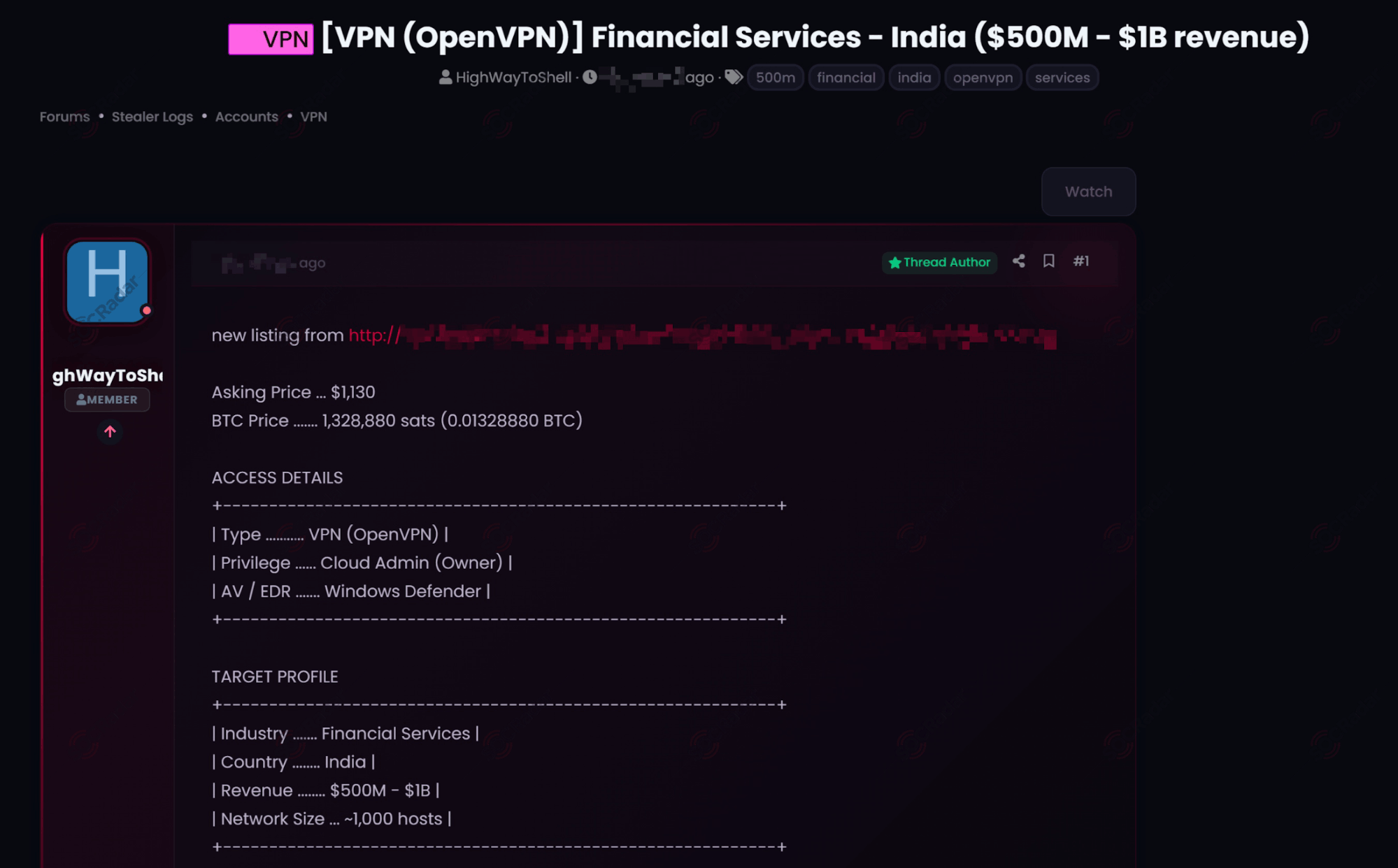 The Alleged Unauthorized OpenVPN Access Sale is Detected for an Indian Financial Services Company