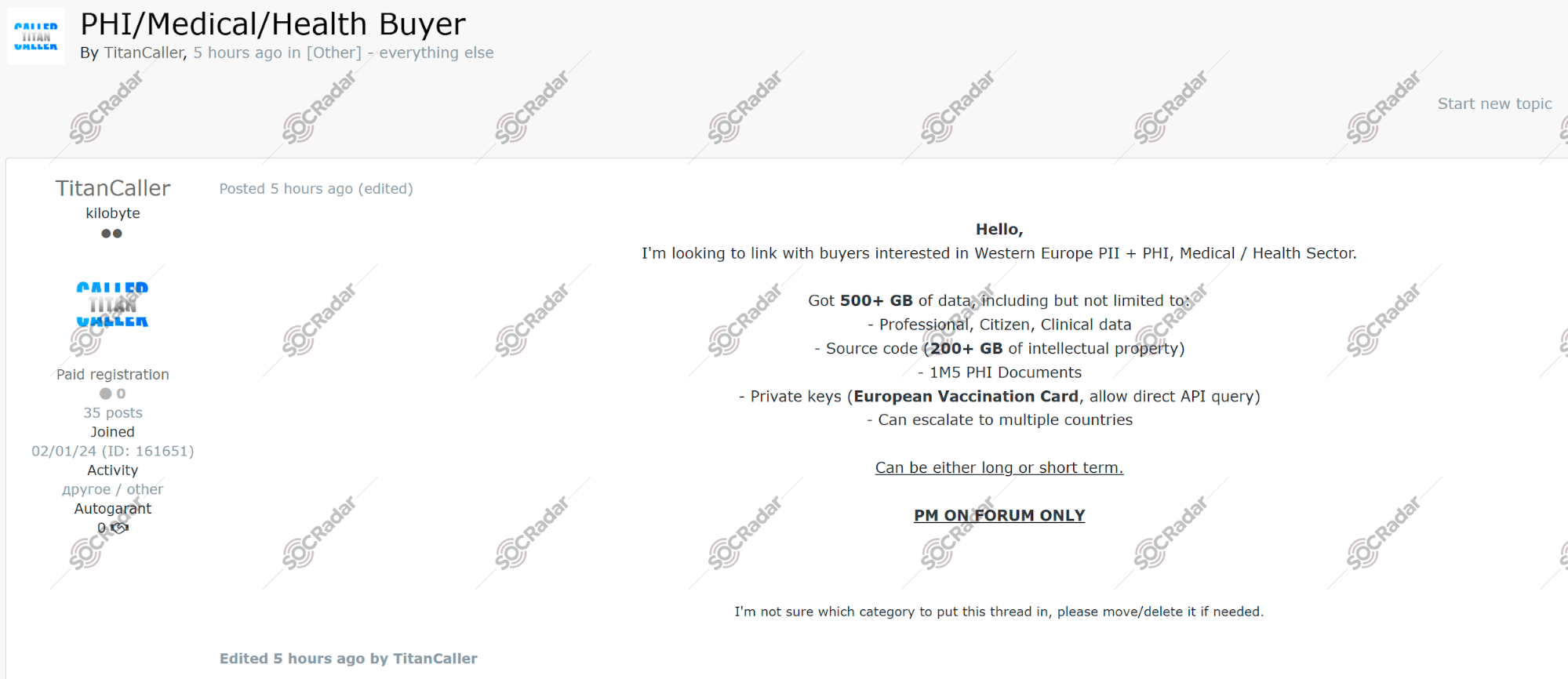 A PHI and Medical Data Buyer Post is Detected for Western Europe