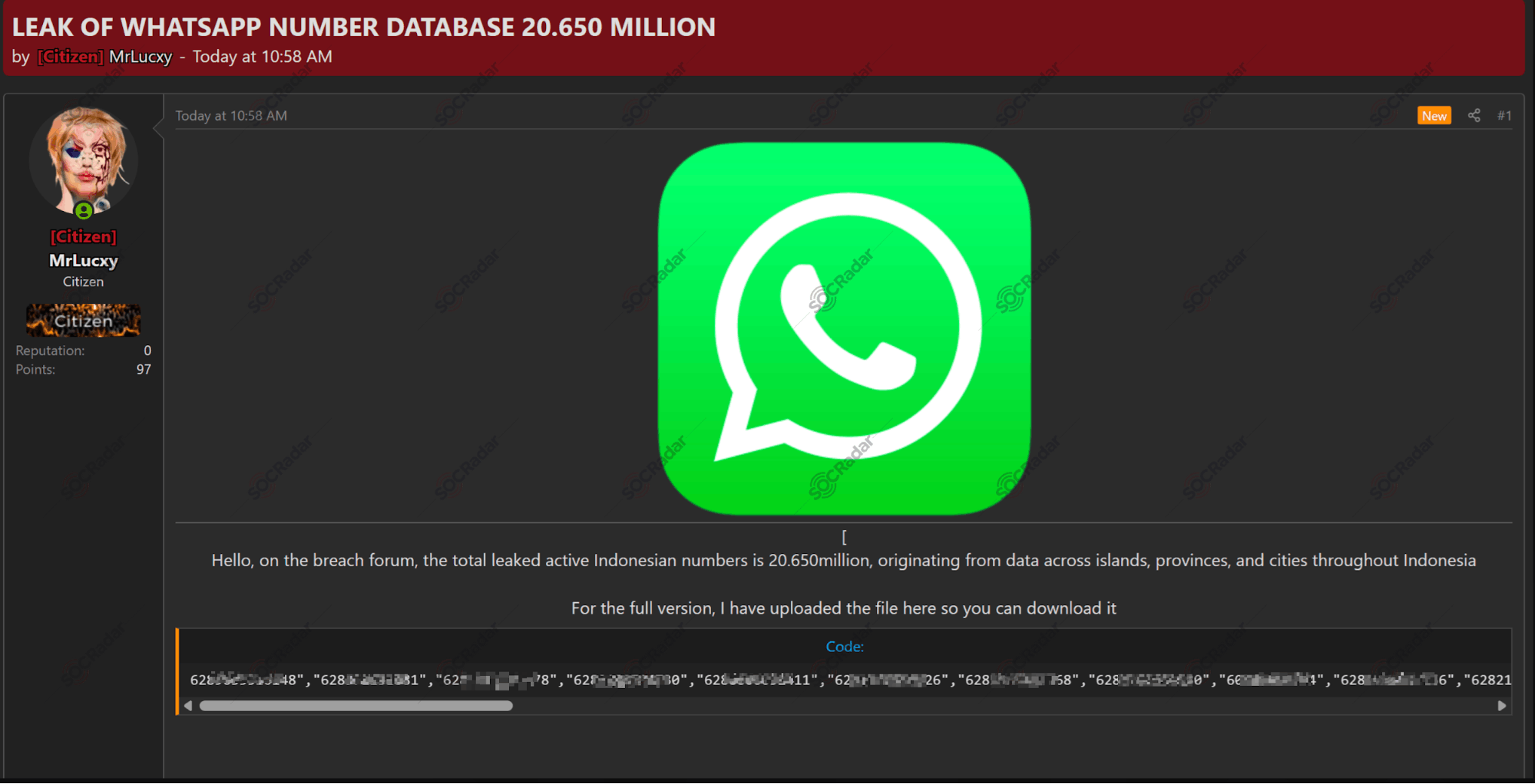 The Alleged WhatsApp Number Database Leak is Detected for 20.65 Million Indonesian Users