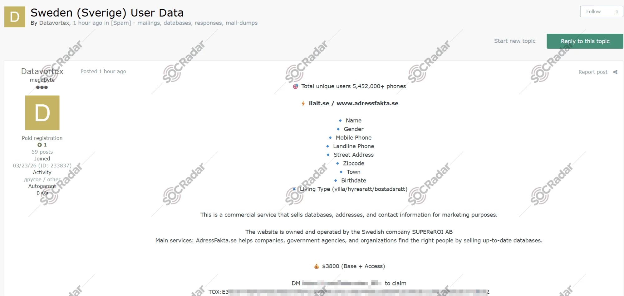 Swedish User Data Allegedly Stolen from AdressFakta is on Sale