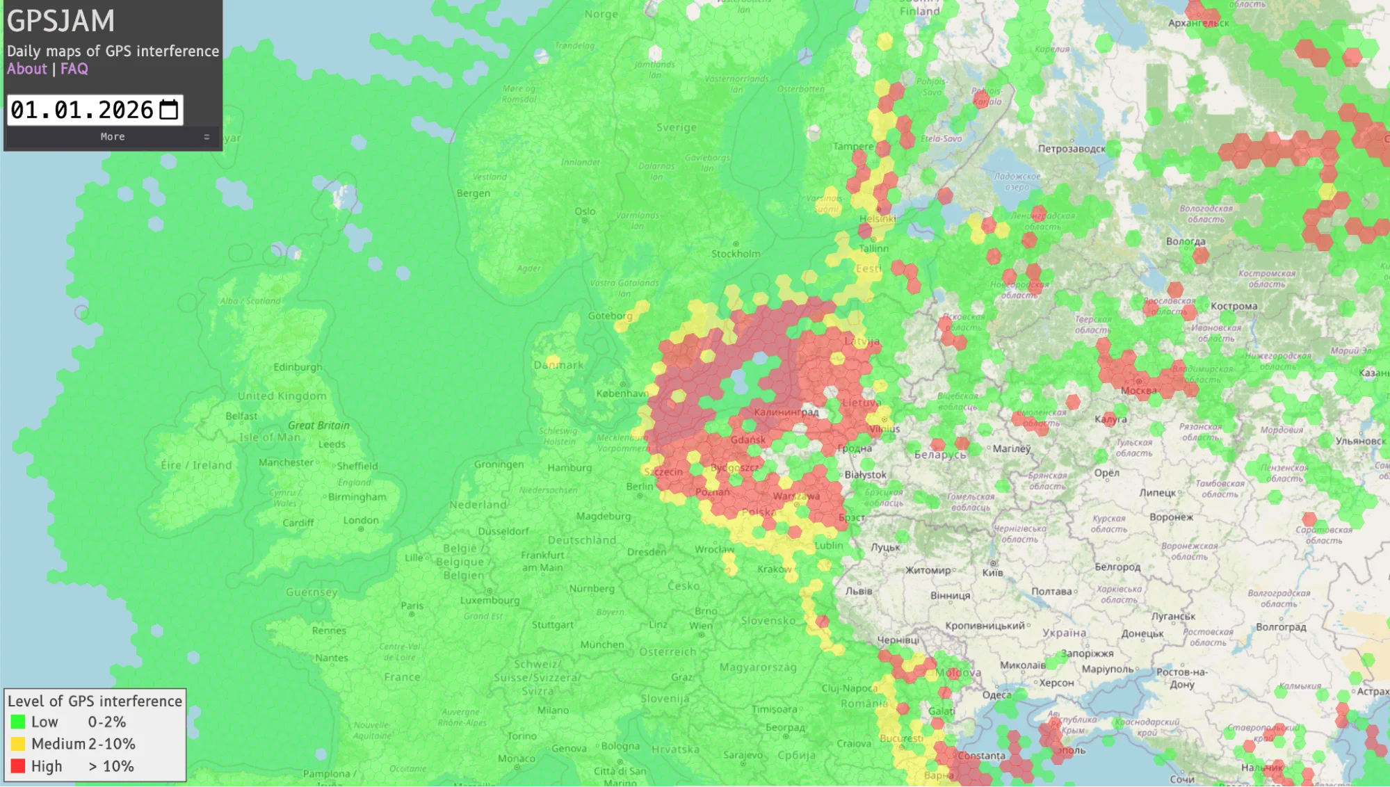 Jamming and spoofing map around the Baltic and Kaliningrad (GPSJAM.org)