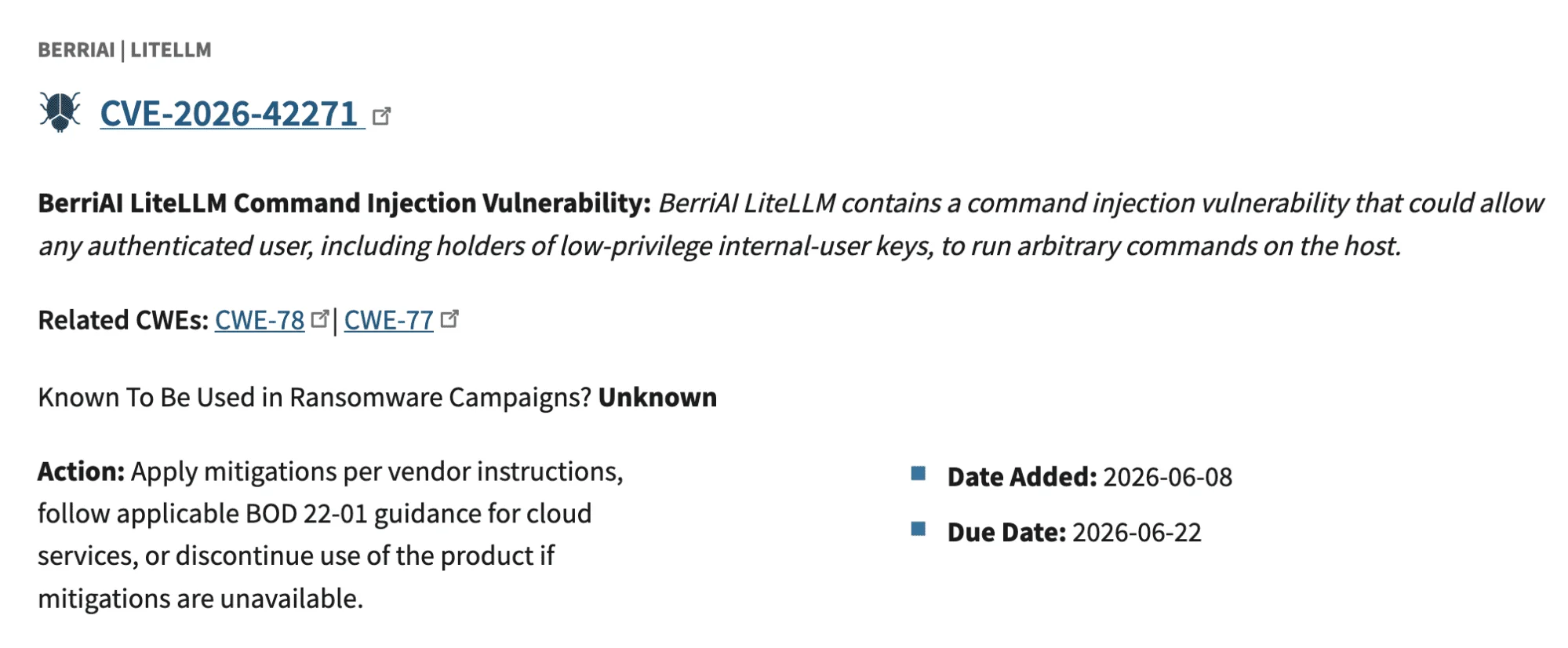 CISA KEV listing for CVE-2026-42271