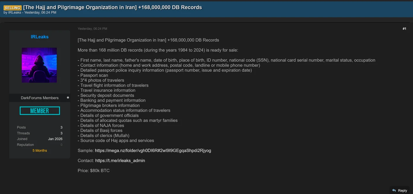 Alleged Data Breach of Iran’s Hajj and Pilgrimage Organization Impacts 168 Million Records