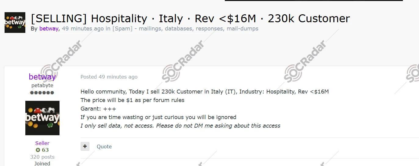 The Alleged Database of an Italian Hospitality is on Sale