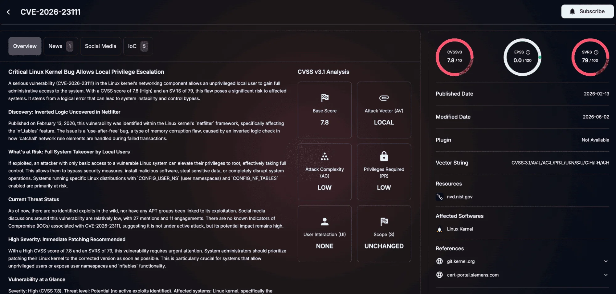 Details of CVE-2026-23111 (SOCRadar Vulnerability Intelligence)