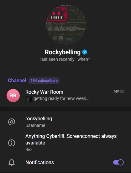 Telegram profile for the “Rockybelling” account and its “Rocky War Room” channel