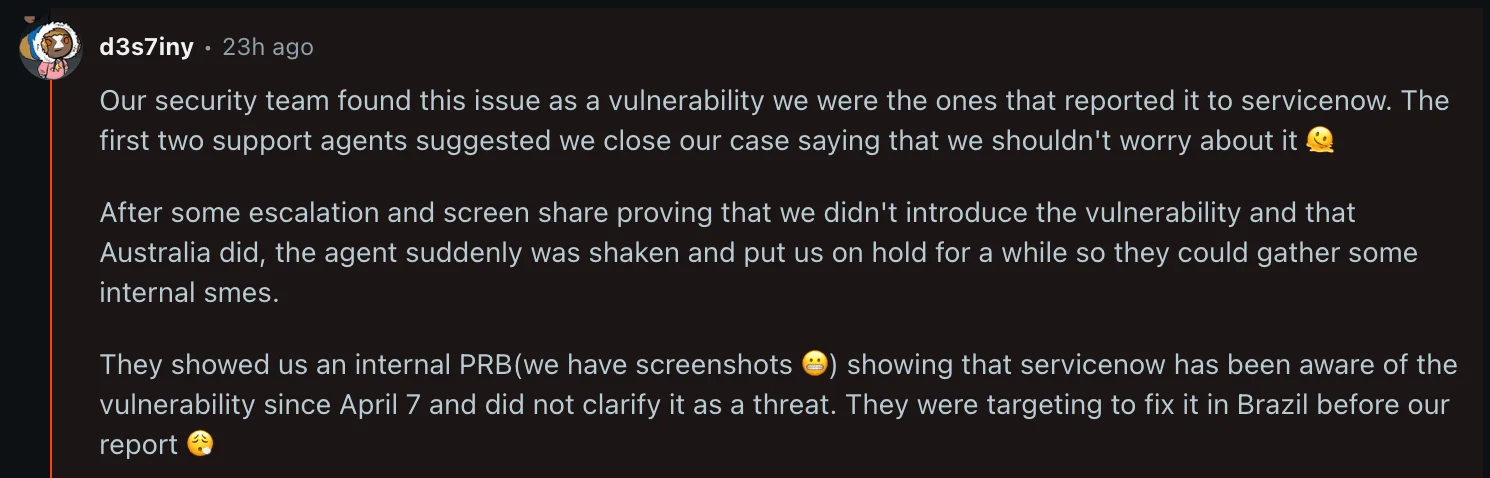 A ServiceNow customer’s statement on Reddit