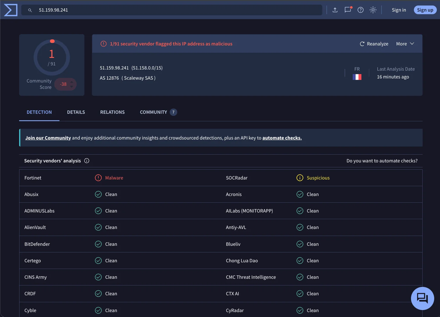 VirusTotal results for the reported IP address show limited vendor detections, while SOCRadar flags it as suspicious, adding useful context for teams investigating ServiceNow-related activity.