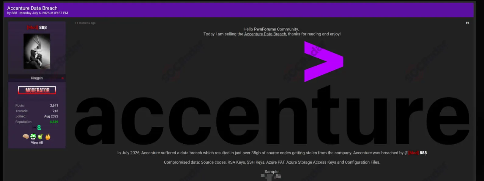 888’s forum listing advertising an alleged Accenture data breach (SOCRadar)