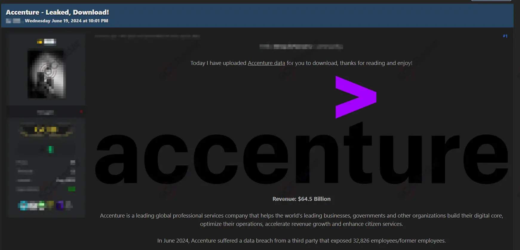 888’s June 2024 forum post alleging Accenture data exposure through a third-party breach (SOCRadar)