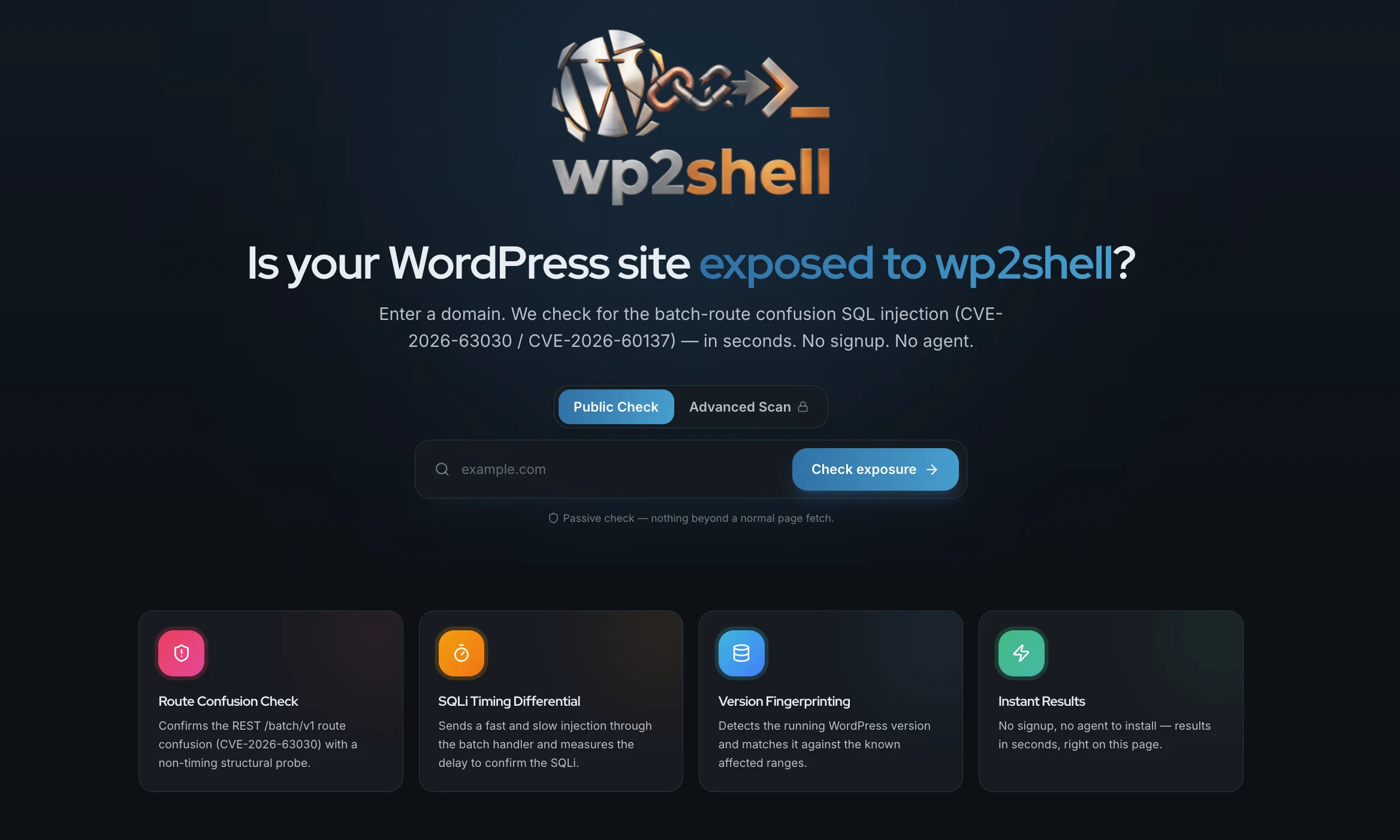 SOCRadar’s free wp2shell checker helps identify WordPress sites exposed to the wp2shell vulnerability chain