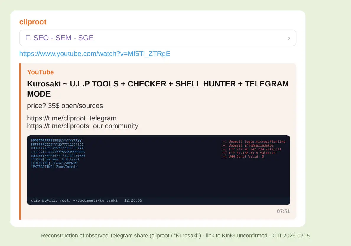 The cliproot / "Kurosaki" advertisement (reconstruction of observed Telegram share) - U.L.P Tools + Checker + Shell Hunter + Telegram Mode, US$35, via t.me/cliproot and t.me/cliproots.