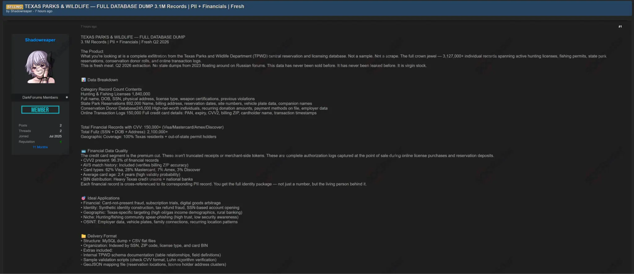 A Dark Web forum post offers the full database dump for the TPWD breach (SOCRadar)