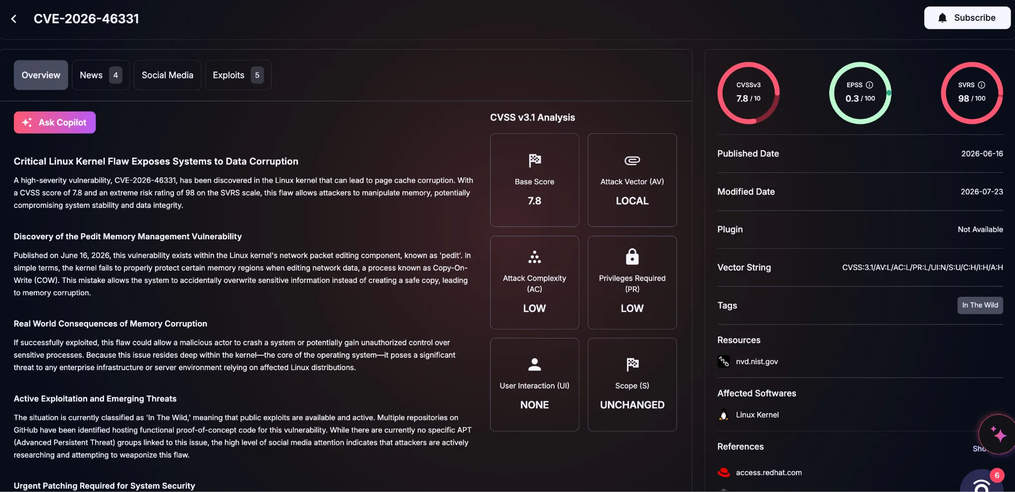 Details of CVE-2026-46331 (SOCRadar Vulnerability Intelligence)