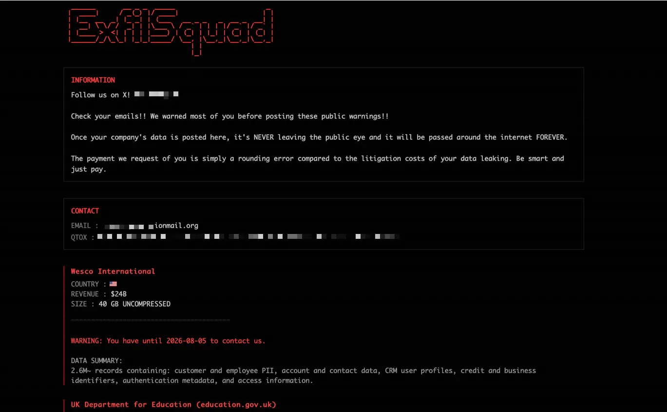 Data leak site (DLS) of ExfilSquad