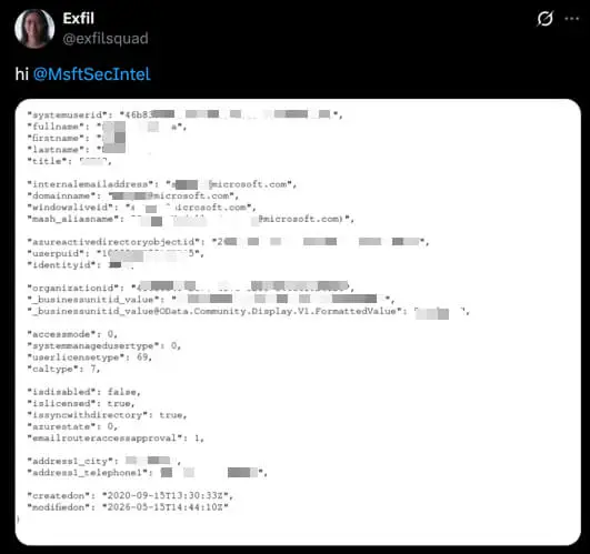 ExfilSquad's post on X, tagging Microsoft's security team with an alleged internal record
