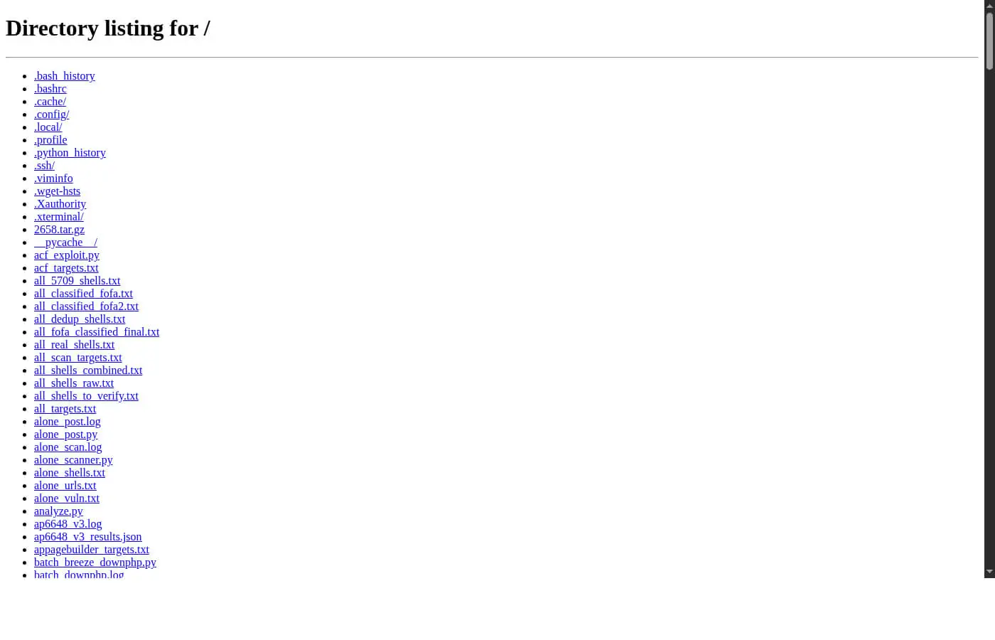 The exposed directory, showing webshells, exploits, logs, and C2 config