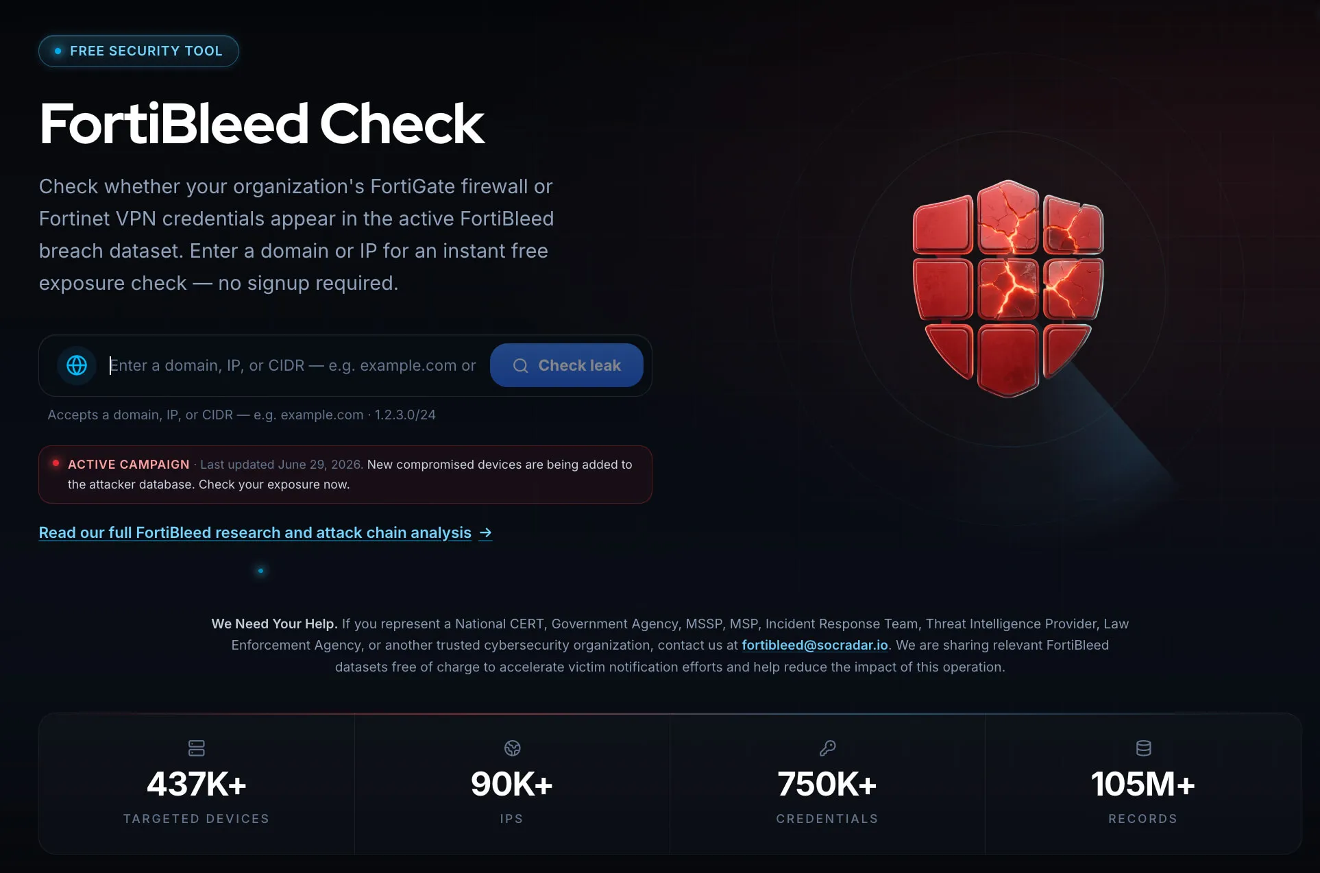 See if your organization is in the FortiBleed leak via FortiBleed Checker (SOCRadar Free Tools)