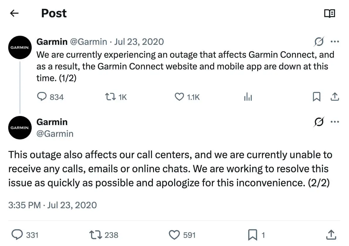 Garmin acknowledged that the July 2020 outage disrupted Garmin Connect, its mobile app, website, call centers, email, and online support services. (Source: X)