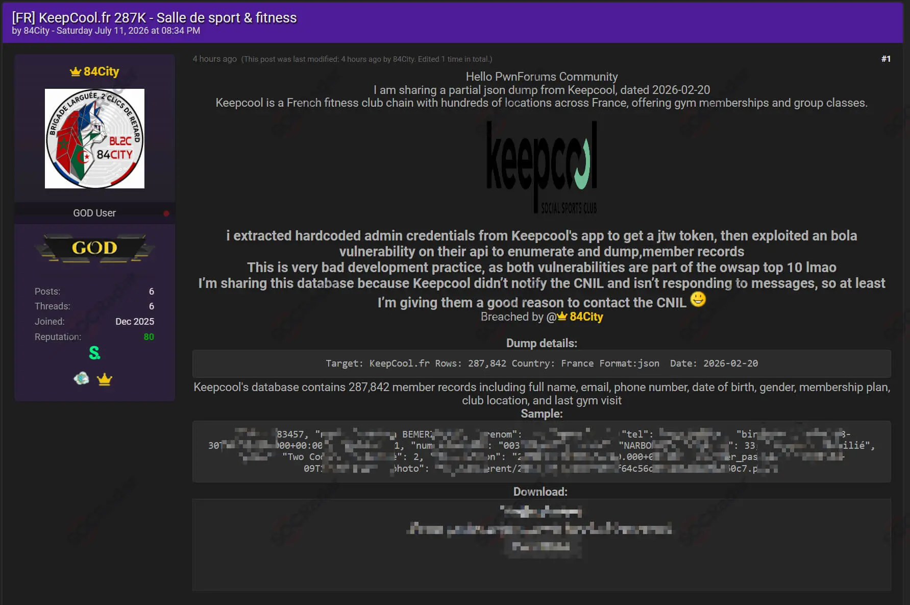 keepcool member database leak detected french fitness