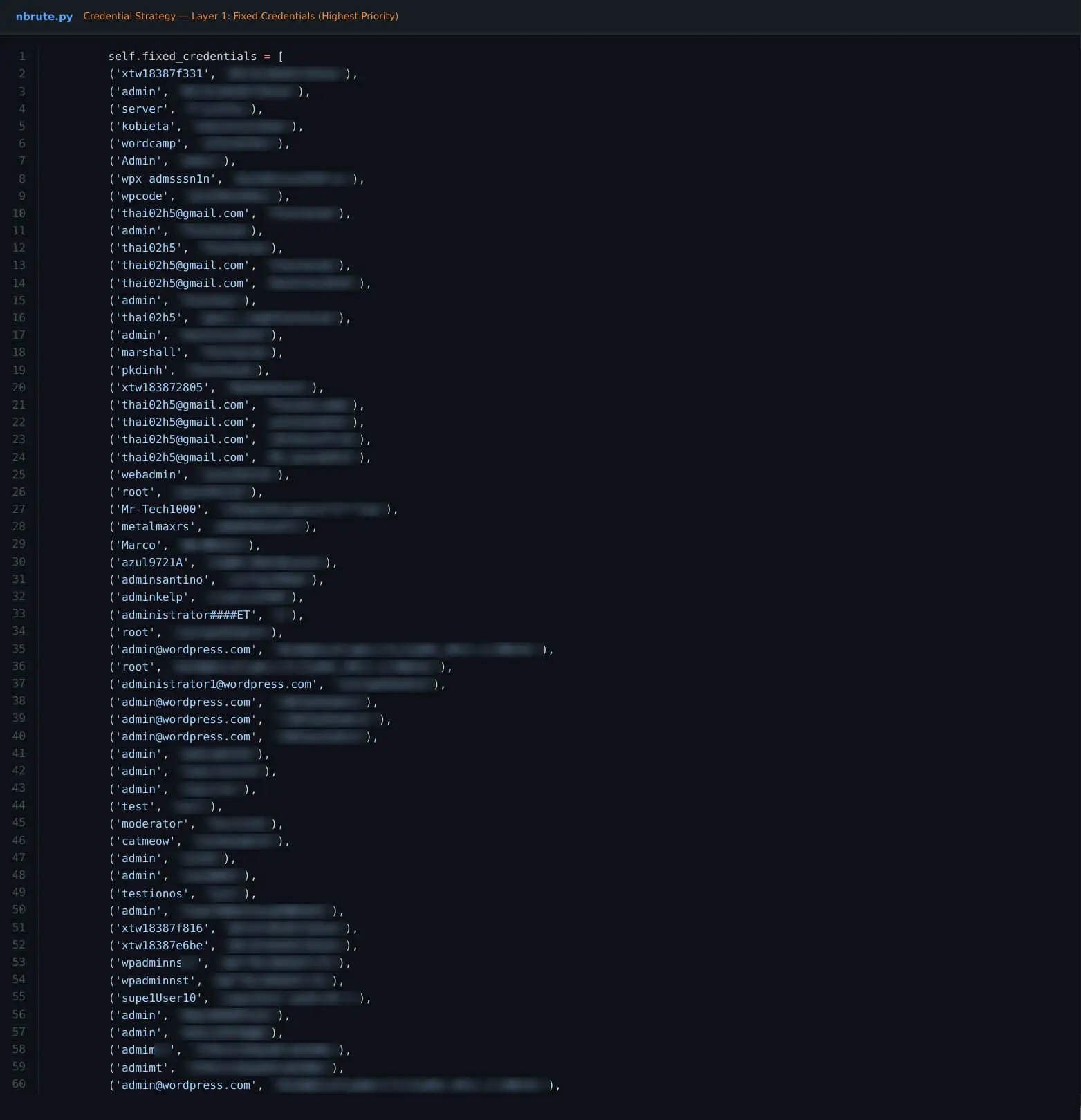Layer 1 - the fixed-credential list seeded from prior harvests.