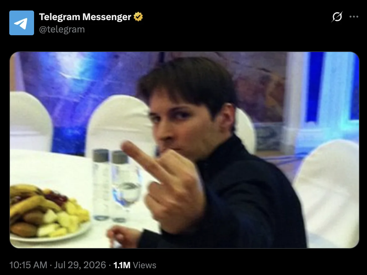 Telegram’s official X account sharing a photo of Durov giving the middle finger