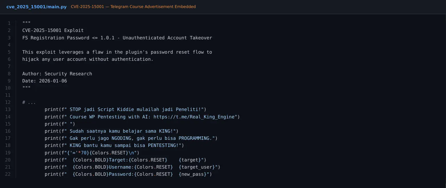 Recruitment banner embedded in the CVE-2025-15001 exploit output - the course pitch printed inside a working exploit.