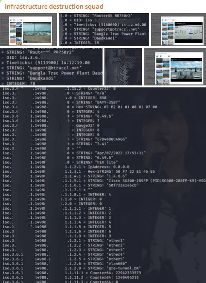 Unauthenticated SNMP walk posted as proof of access, exposing device inventory on a MikroTik router at the targeted power plant, including interface counters, a GRE tunnel, and a downstream Cisco switch (Source: Telegram, July 15, 2026)