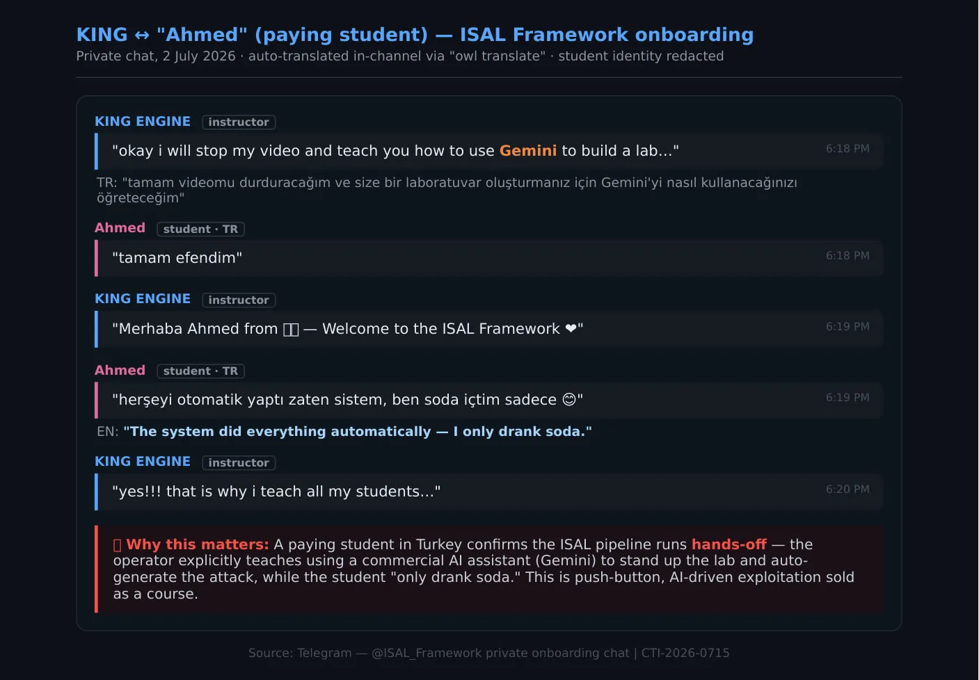Student onboarding chat - a paying student describes the pipeline running itself. Student identity redacted.