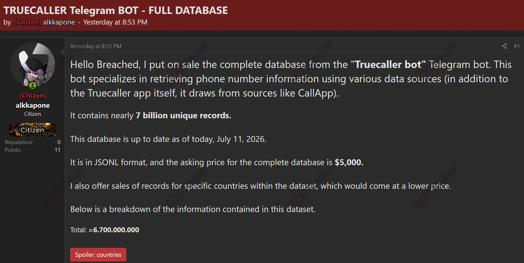 truecaller bot telegram database sale advertised