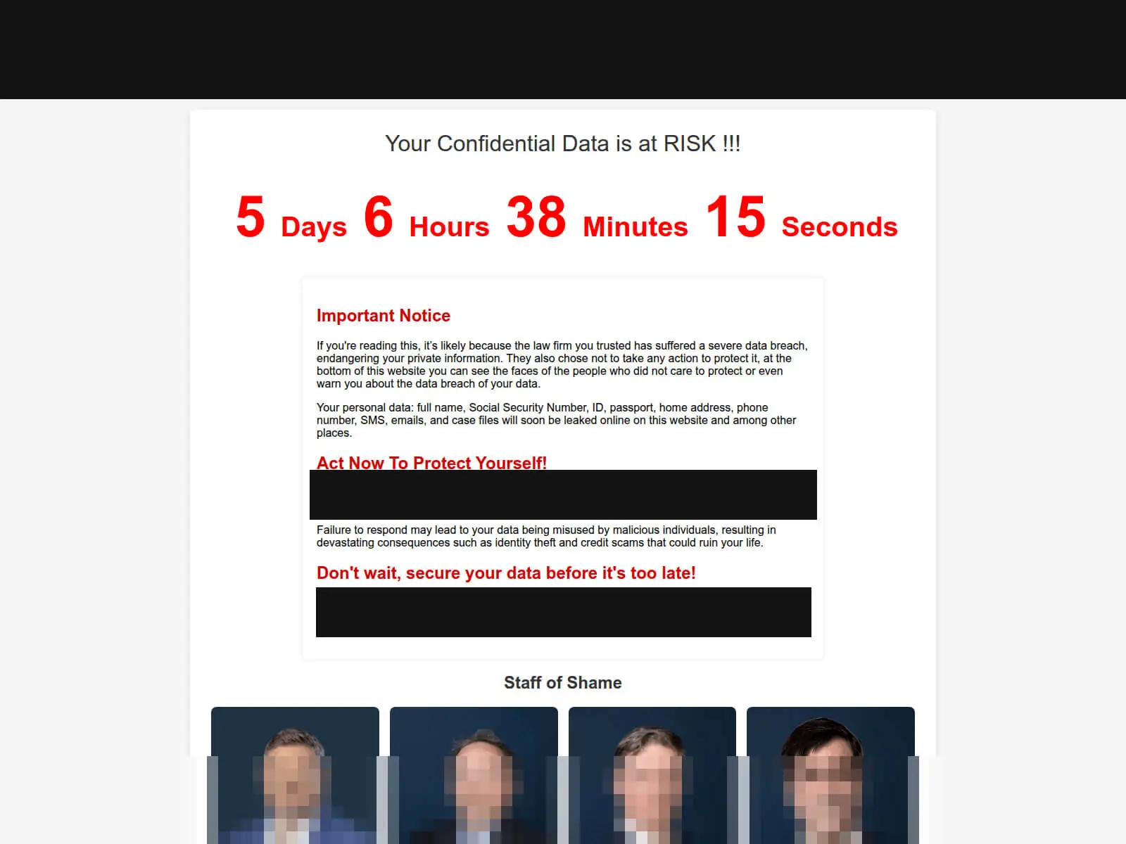 Anonymized example of an extortion page: countdown timer, breach notice addressed to the firm's clients, and the "Staff of Shame" photo row. Company name, contact details, and faces redacted.