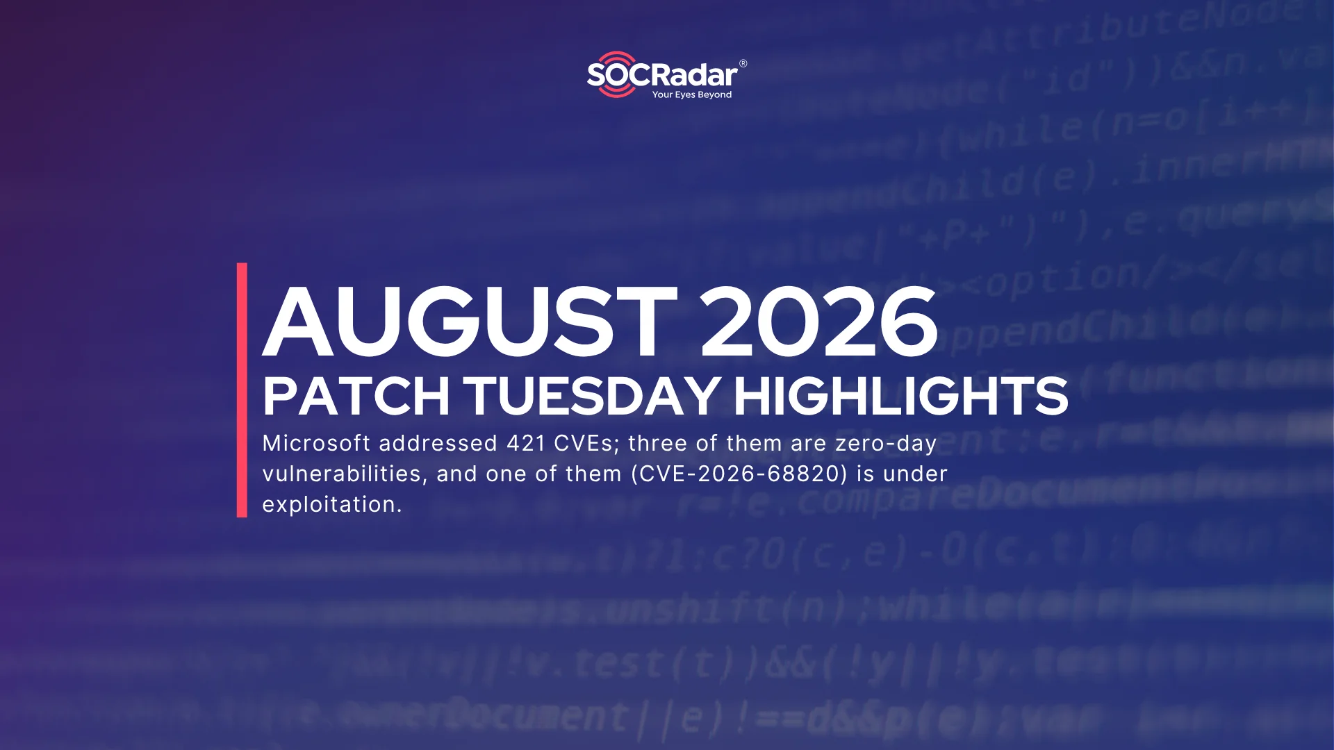 SOCRadar® Cyber Intelligence Inc. | August 2026 Patch Tuesday: 421 Flaws, 3 Zero-Days