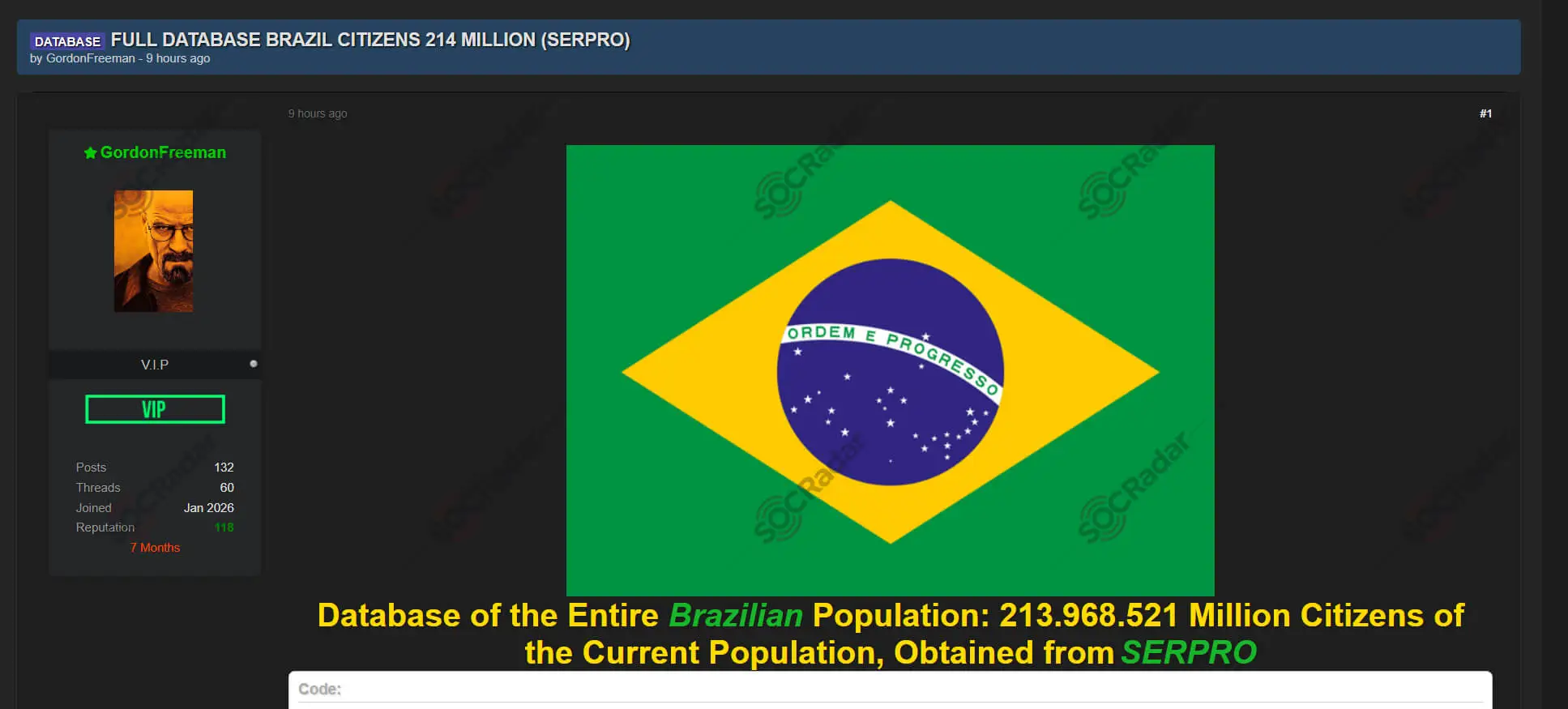 brazil serpro citizen database leak socradar