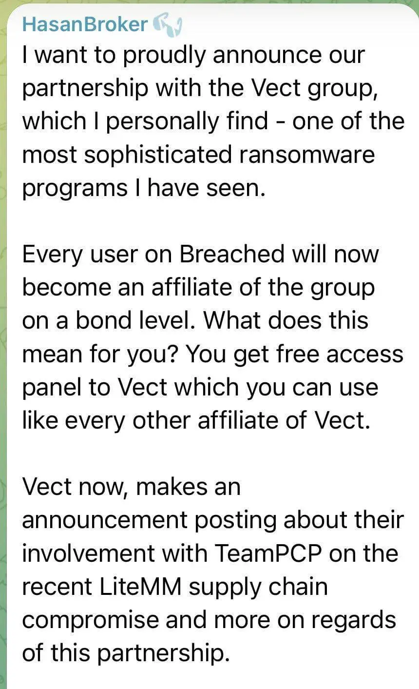 A BreachForums-linked account announces the Vect ransomware partnership and references TeamPCP's role in the compromise, April 2026. The post's "LiteMM" is a misspelling of LiteLLM.