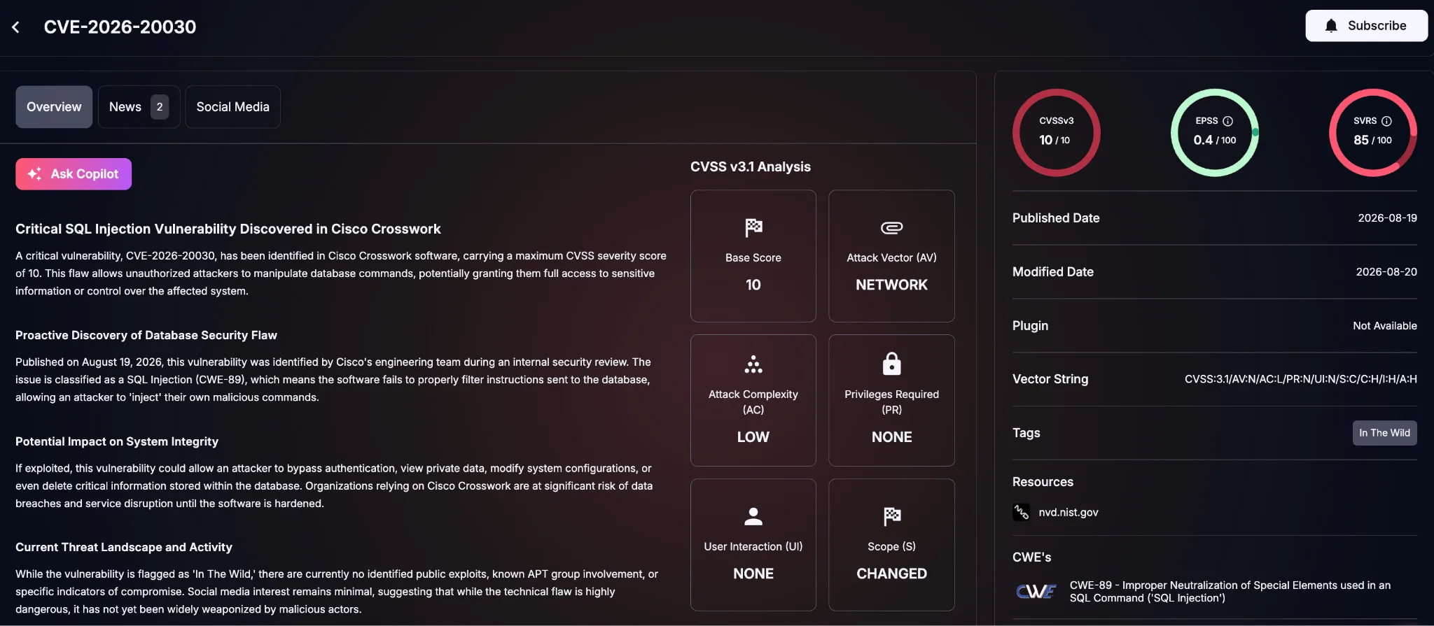 Details of CVE-2026-20030 (SOCRadar Vulnerability Intelligence)
