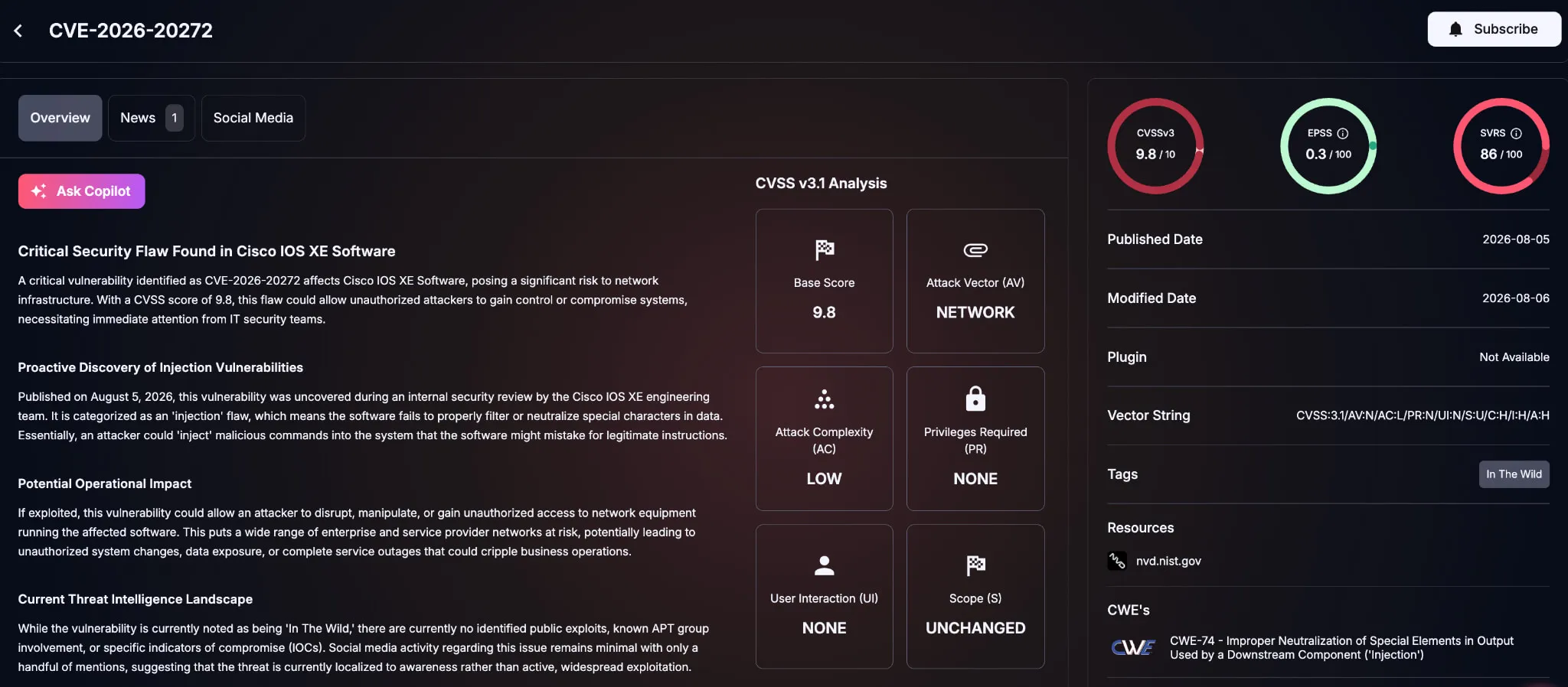 Details of CVE-2026-20272 (SOCRadar’s Vulnerability Intelligence)