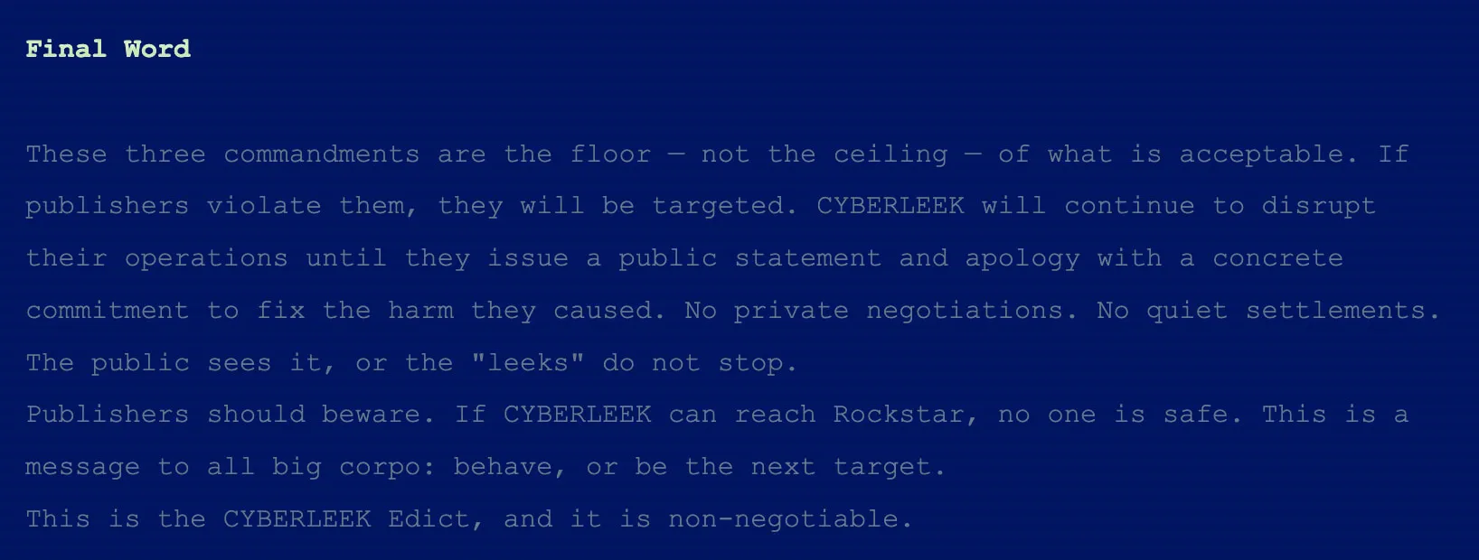 CyberLeek's own 'final statement,' demanding a public apology from Rockstar before the leaks stop.