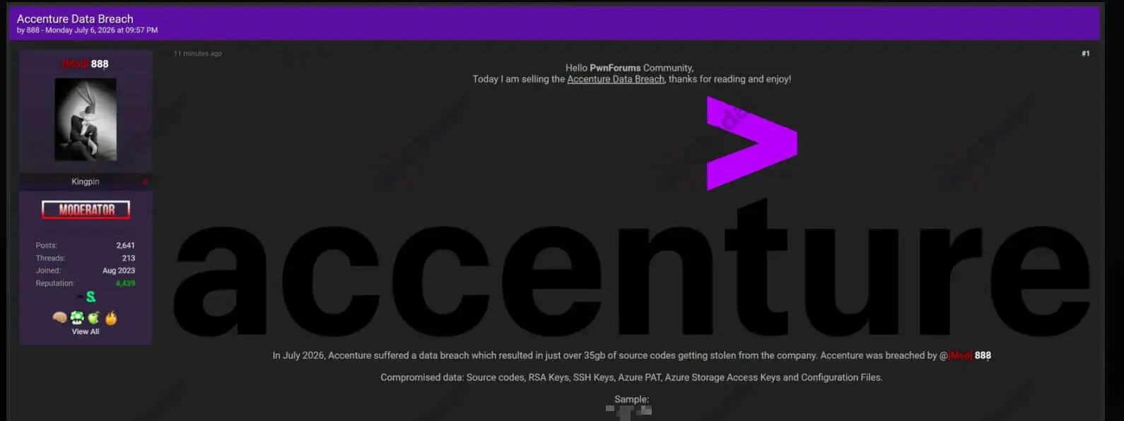 Dark Web post about the alleged Accenture breach (SOCRadar)
