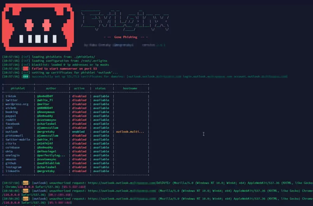 Evilginx interface displaying configurable phishlets for impersonated online services.