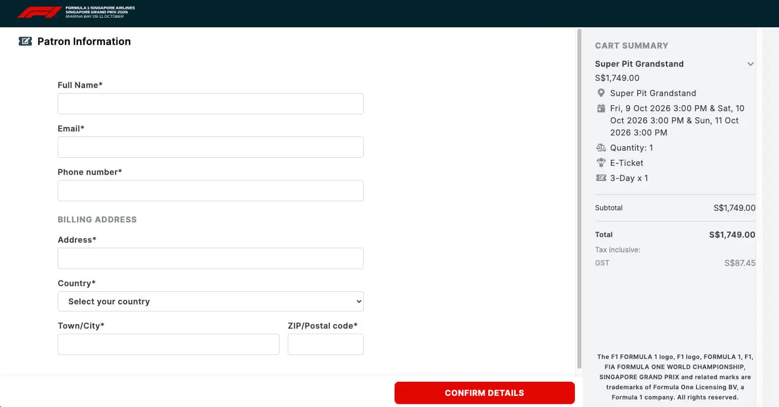 Patron Information page (f1-tickets-sg.com/booking/details.php)
