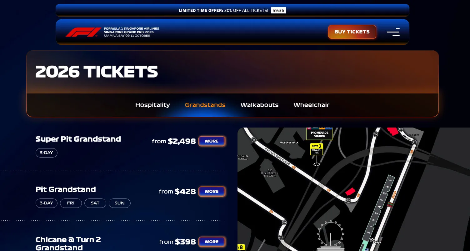 Ticket selection page (f1-tickets-sg[.]com/en/tickets.html)