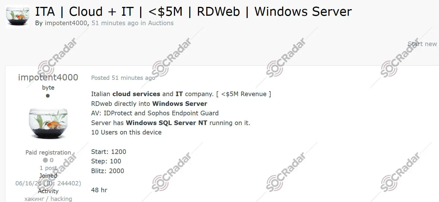 italian cloud provider rdweb access threat actor sale