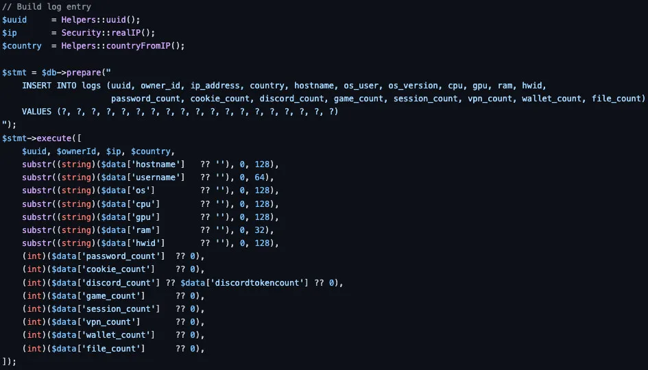 Excerpt from Kynx’s web panel create_log.php