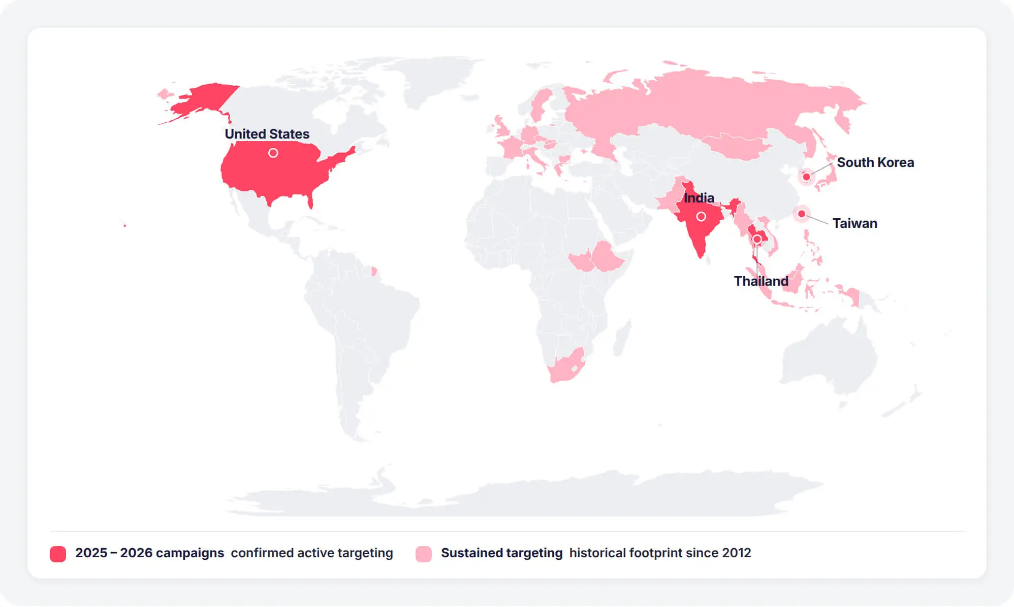 Mustang Panda's documented targeting footprint: confirmed 2025-2026 campaign countries (marked) against the broader footprint reported since 2012 (shaded). Reach is global and not limited to the countries shown.