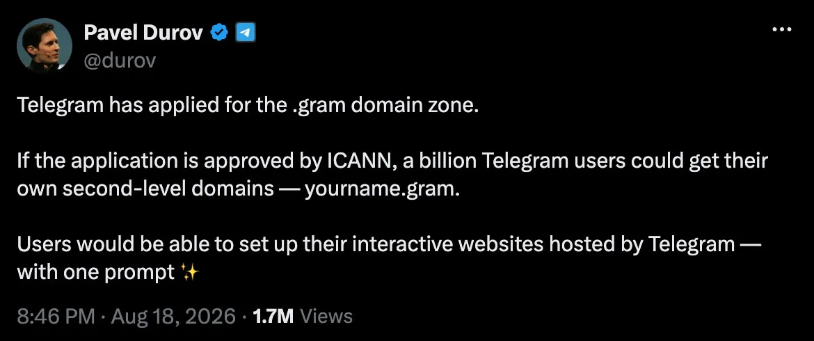 Pavel Durov’s tweet announcing that Telegram has applied to ICANN for the .gram top-level domain