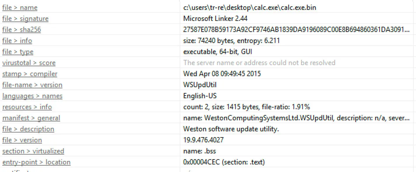 File information of the dropped binary
